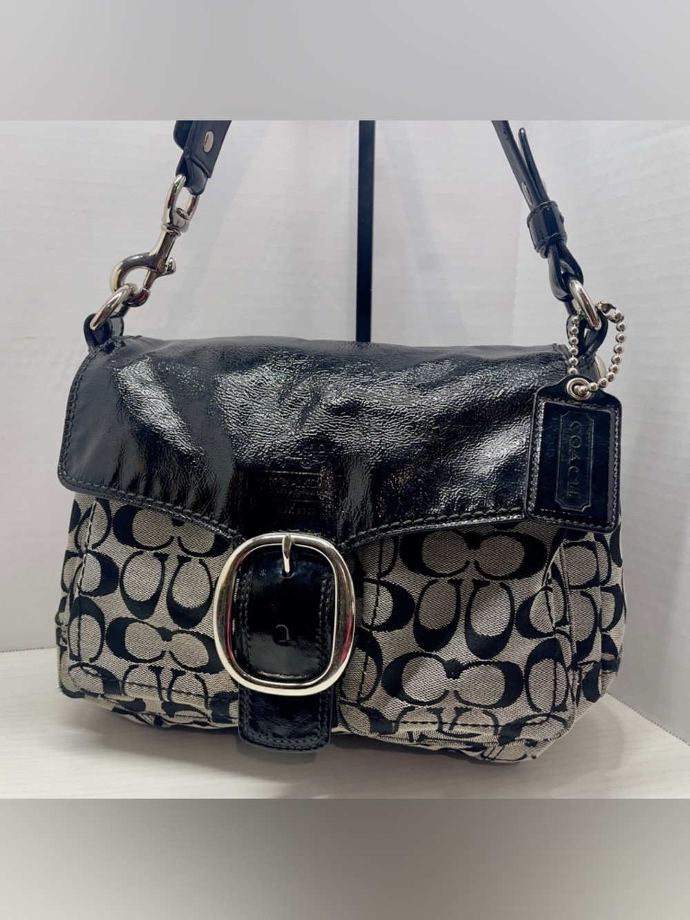Coach Bleecker 2008 Signature Flap Shoulder Bag 12562 Black Patent Trim, Buckle - Picture 4 of 14